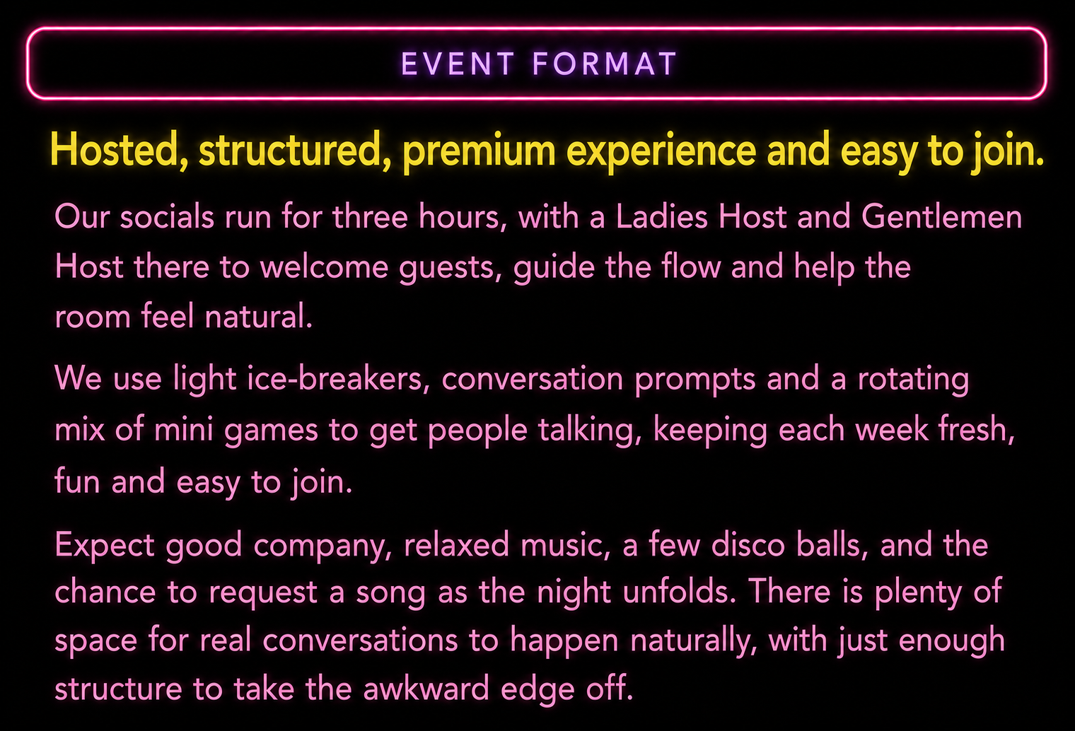 Event format details for a hosted three-hour singles social