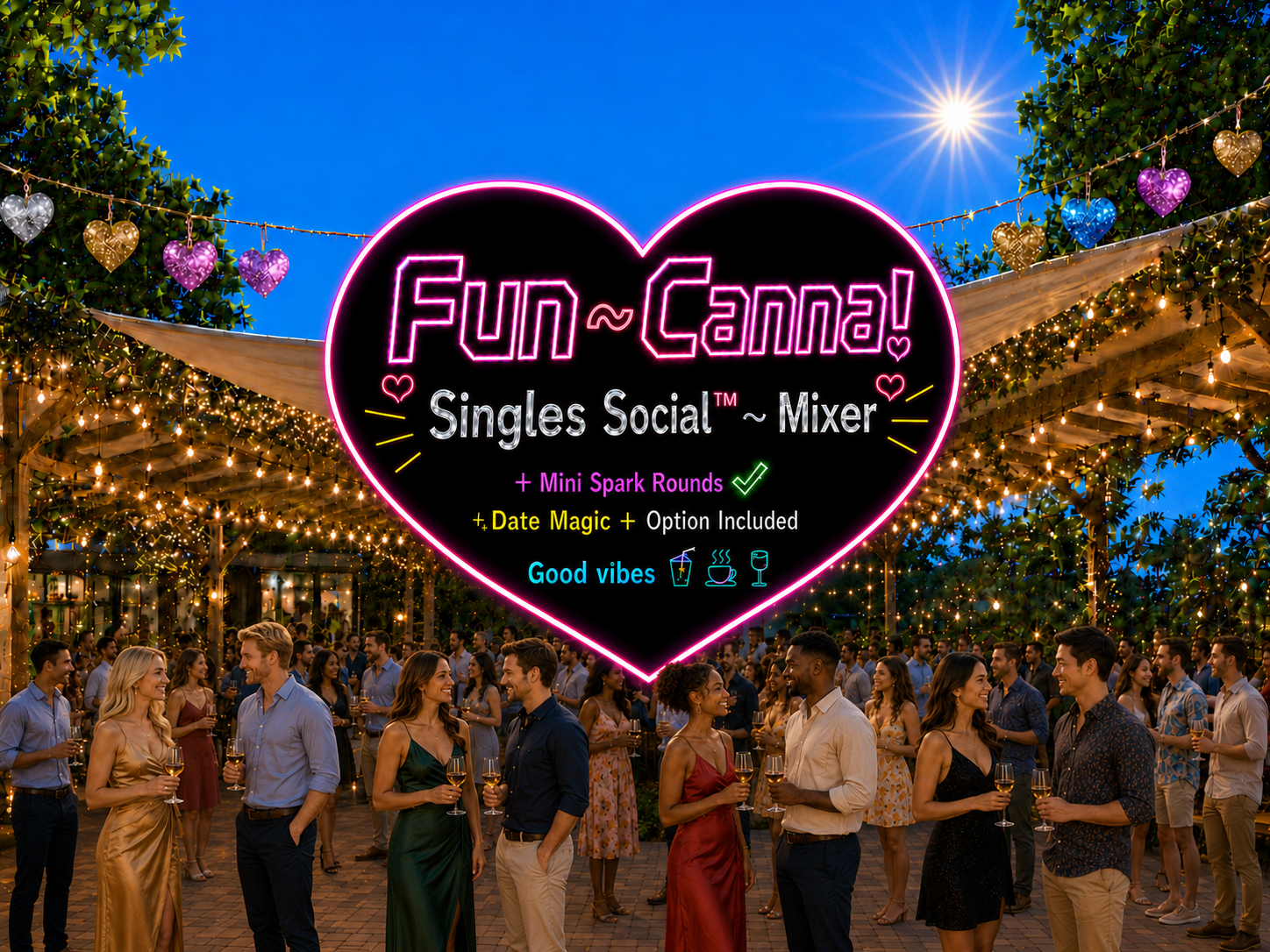 Fun Canna Singles Social garden party crowd with neon heart logo