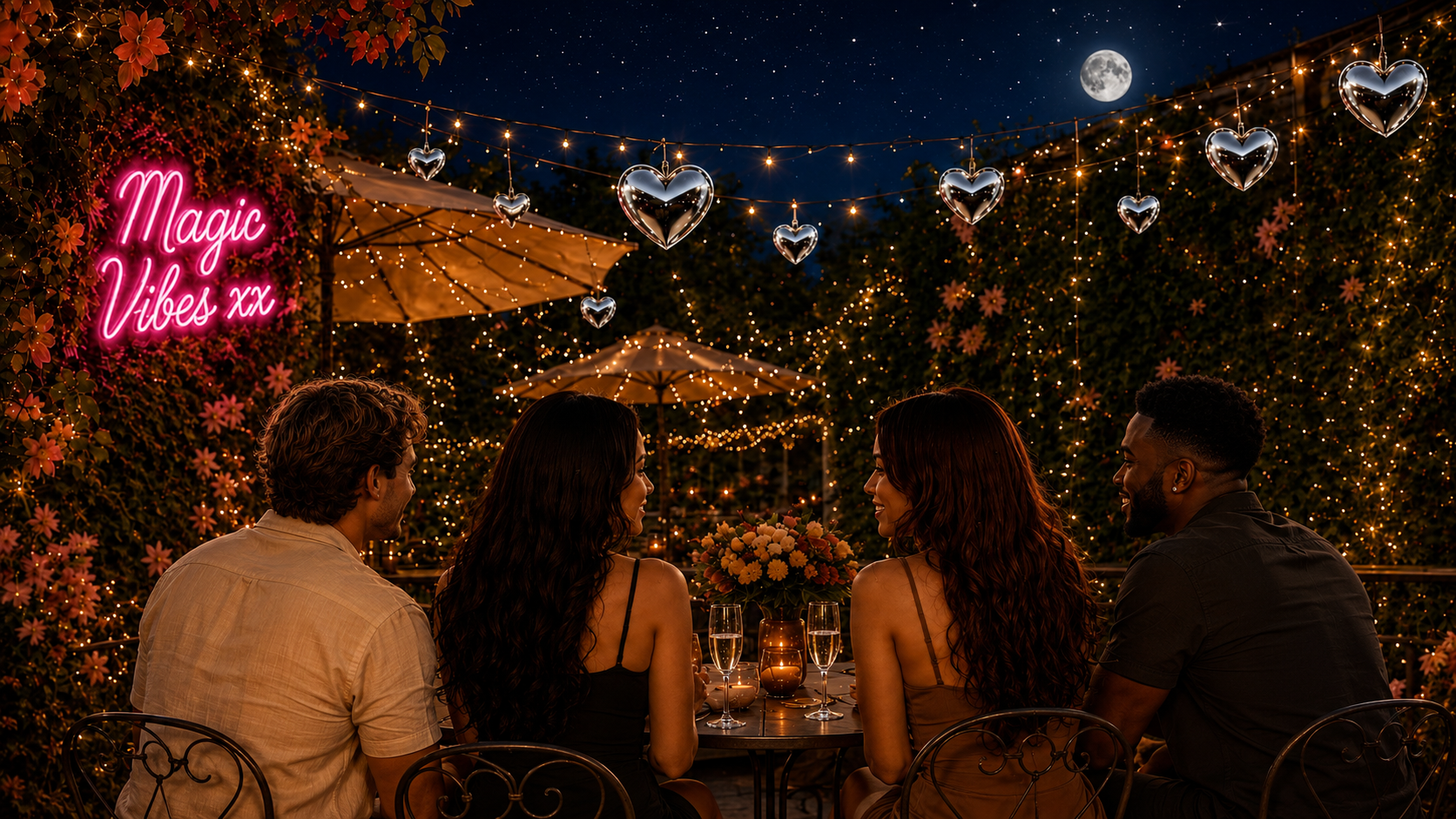 Nighttime guests seated under string lights with a Magic Vibes sign